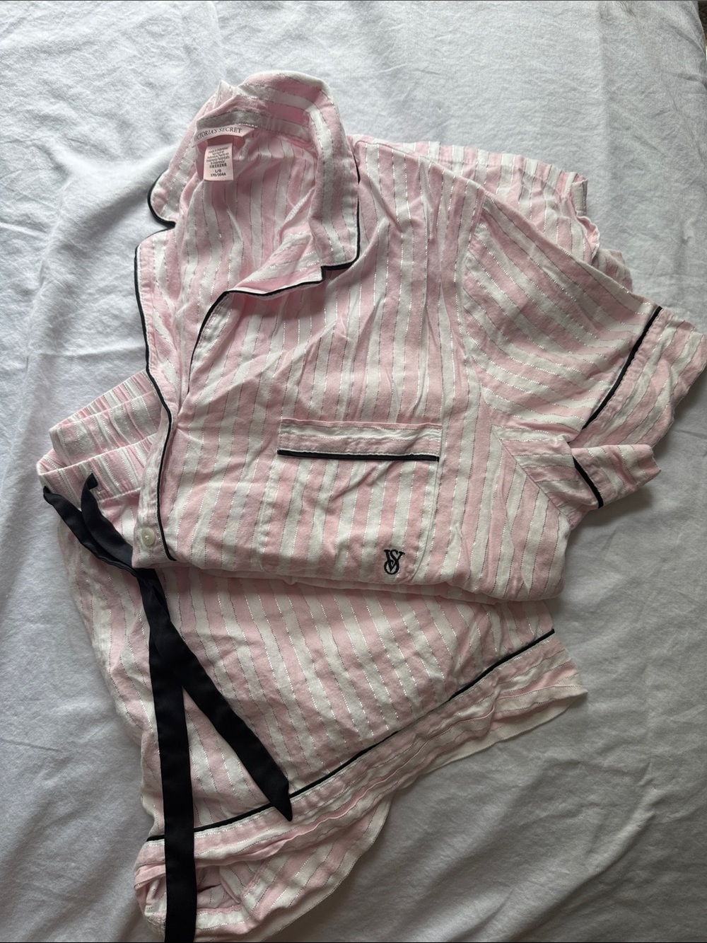 Victoria's Secret Pink and White Striped Pajama Set with Black Trim